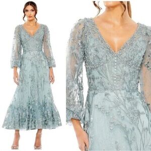 Mac Duggal 20512 Green V-Neck Mesh Puff Sleeve Embellished Tea Length Dress 6